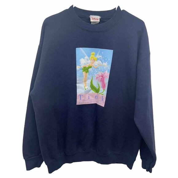 Vintage Disney Tinker Bell Sweatshirt L Crew Neck Blue Pullover Made In The USA - Picture 1 of 6